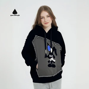Custom Women Cartoon Patchwork Hoodie Frayed Edge Oversized Silhouette Fleece Fabric Street Daily Casual Sweatshirts