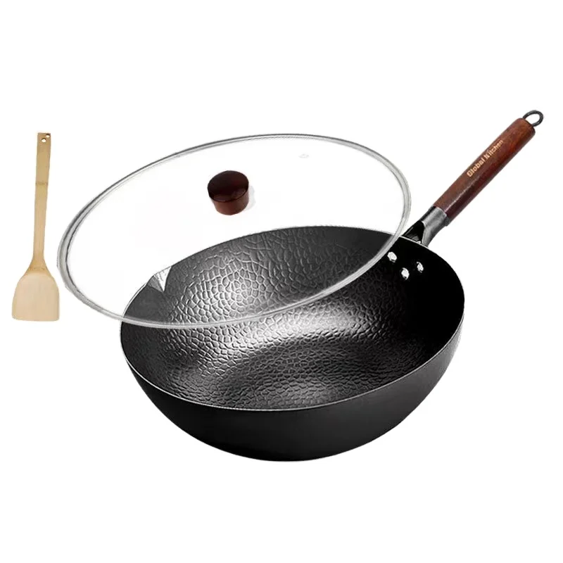 Round Flat Bottom Non Stick Mini Cast Iron Skillet Frying Pan 30cm With Clear Glass Lids and Spatula