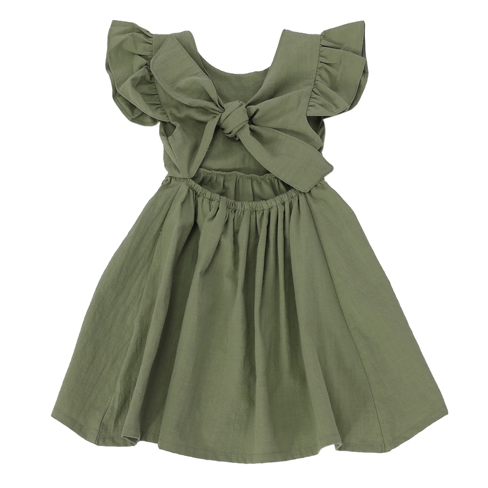OEM-Сервис, льняной Сарафан для маленьких девочек, одежда, повседневное Плиссированное Платье для малышей, однотонное винтажное платье с открытой спиной для маленьких девочек