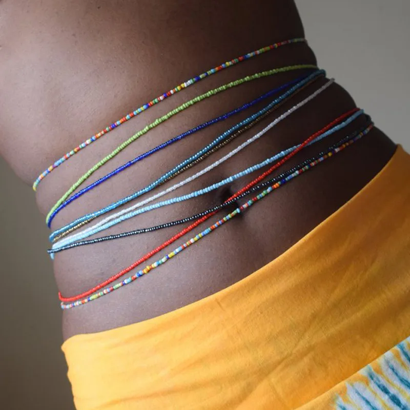 85cm,31 kleur,African Waist Beads Belly Chain Body Jewelry Bohemian Style Elastic Colorful Rice Bead Waist Chain For Women
