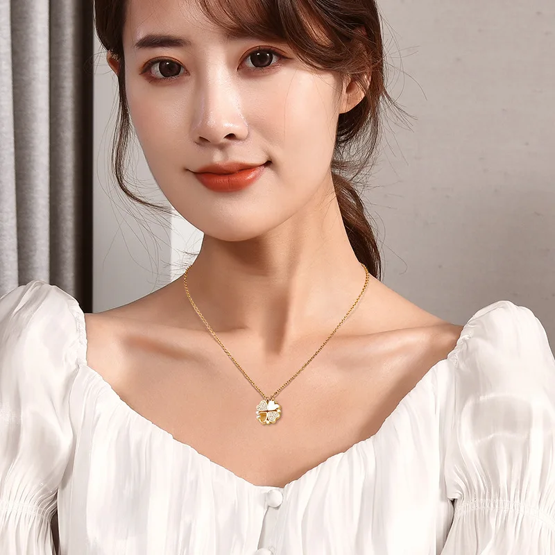 Four Leaf Clover Stainless Steel Necklace Lucky Heart Linked To Heart