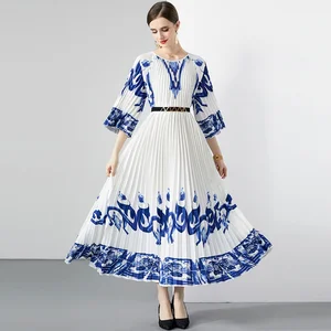 2026 New Arrival Print Midi Sleeve Empire Waist Casual Woven A-Line Dress Ladies Elegant Women Daily Dress