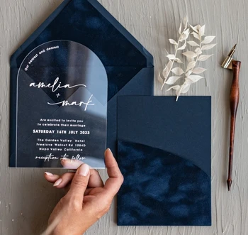 Luxury Elegant Navy Blue velvet liner Envelope Pocket Arch print Acrylic Wedding Invitation Card Set