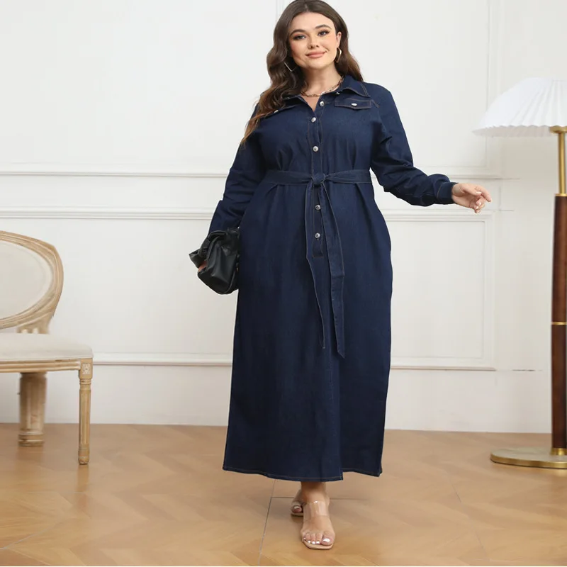 denim dress plus size winter EMERY ROSE Plus Size Women Navy Blue Long Sleeve Casual Straight Loose Denim  Dress Winter New Year