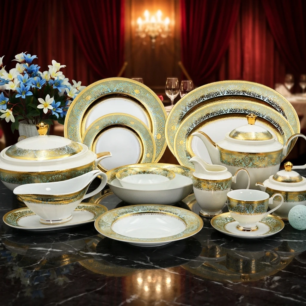 98-teiliges Geprägtes Gold-dekor Tafelservice Grüne Farbe Königlicher Stil Bone China Geschirrset Porzellan Dinner-sets Für 12 Personen
