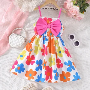 Casual Summer Dress for Girls Small Medium-Sized Children Floral Pattern with Large Bow Flower Print Girls Dresses for Girls