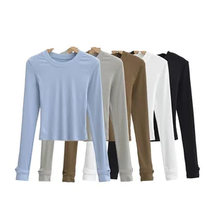 Women's 2026 Summer O-Neck Open-Finger Long-Sleeved T-Shirt Vintage Casual Chic Female Tee Shirt Tops Short Polyester New Solid