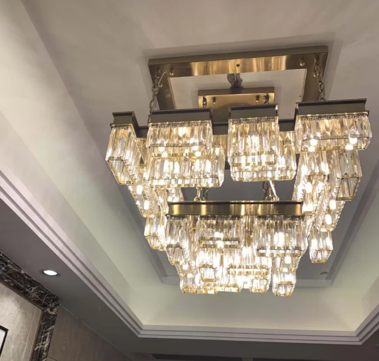 Modern Rectangular Island Crystal Chandelier Lighting Fixture Large Ceiling Lighting Hotel Lobby