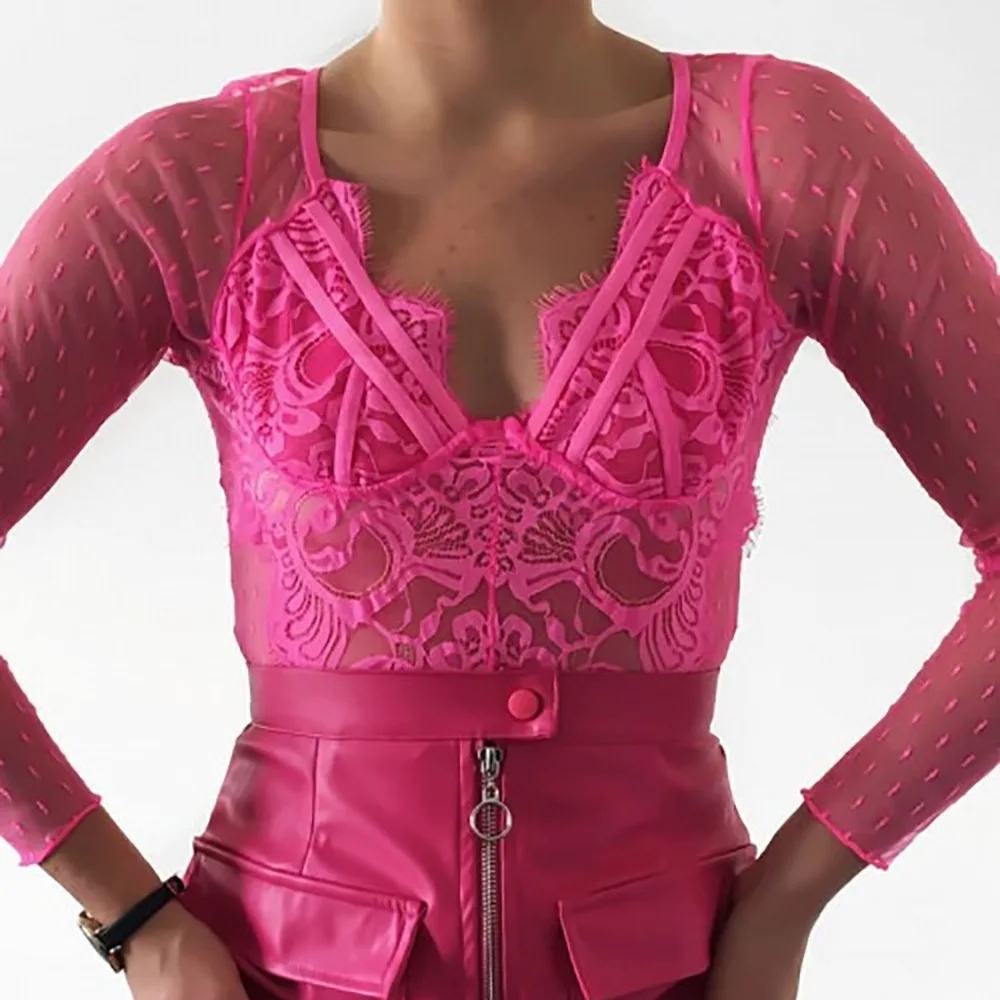 pink long sleeve lace bodysuit