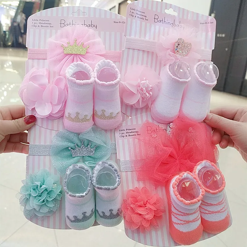 3 шт., хлопковые носки и повязки на голову для девочек 0-3 месяца
