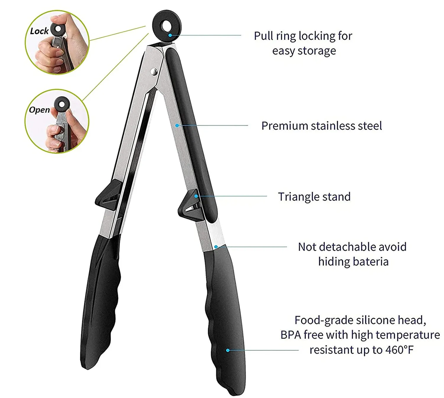 Non-Stick Silicone Food Tongs with Wood Grip Kitchen Cooking Tongs Custom Utensils Set for Baking BBQ USSE Brand Model USSE205 details