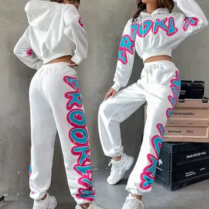 Custom Graffiti Print Cotton Heavyweight Tracksuits 2 Piece French Terry Hand Paint Pullover Crop Hoodie and Joggers Set Women