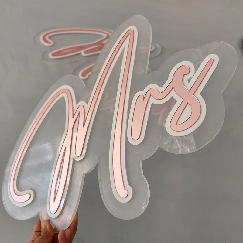 Custom Acrylic 3D Triple Layered Gold Mirror Name Plaque White and Pink Letters
