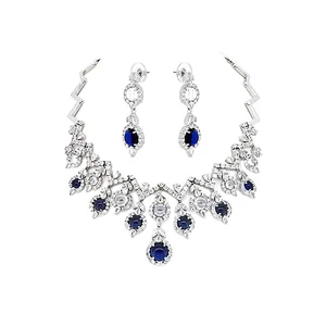 African Costume Jewelry Necklace Earring Sets with Blue Sapphire and White Zircon Stone for Parties Engagements or Gifts
