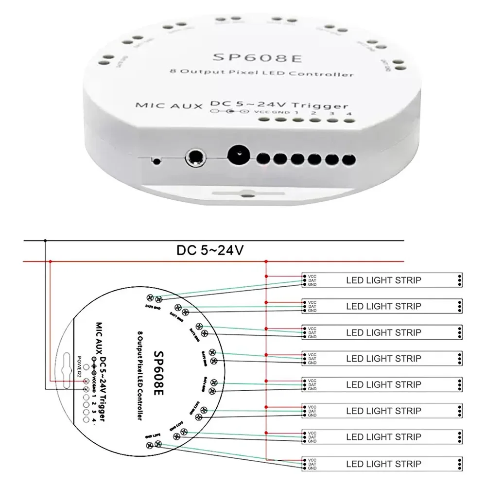 WS2812B Bluetooth APP Music LED Controller SP608E 8CH WS2811 WS2815 LED Light Strip Controller IOS Android App