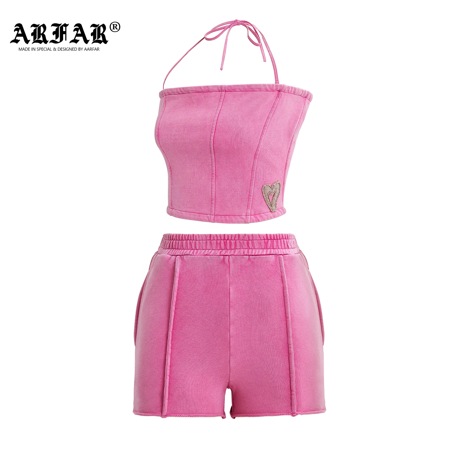 2024 New Acid Wash Women Sets Pink Sexy Tube Cropped Top Shorts Two Piece Set Lounge Wear Summer 1608