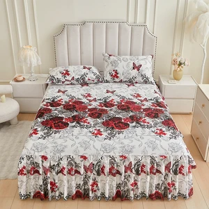 Luxury American Strap Style Bed Skirt Pillowcases Set Skin-Friendly  Flower Bedsheet