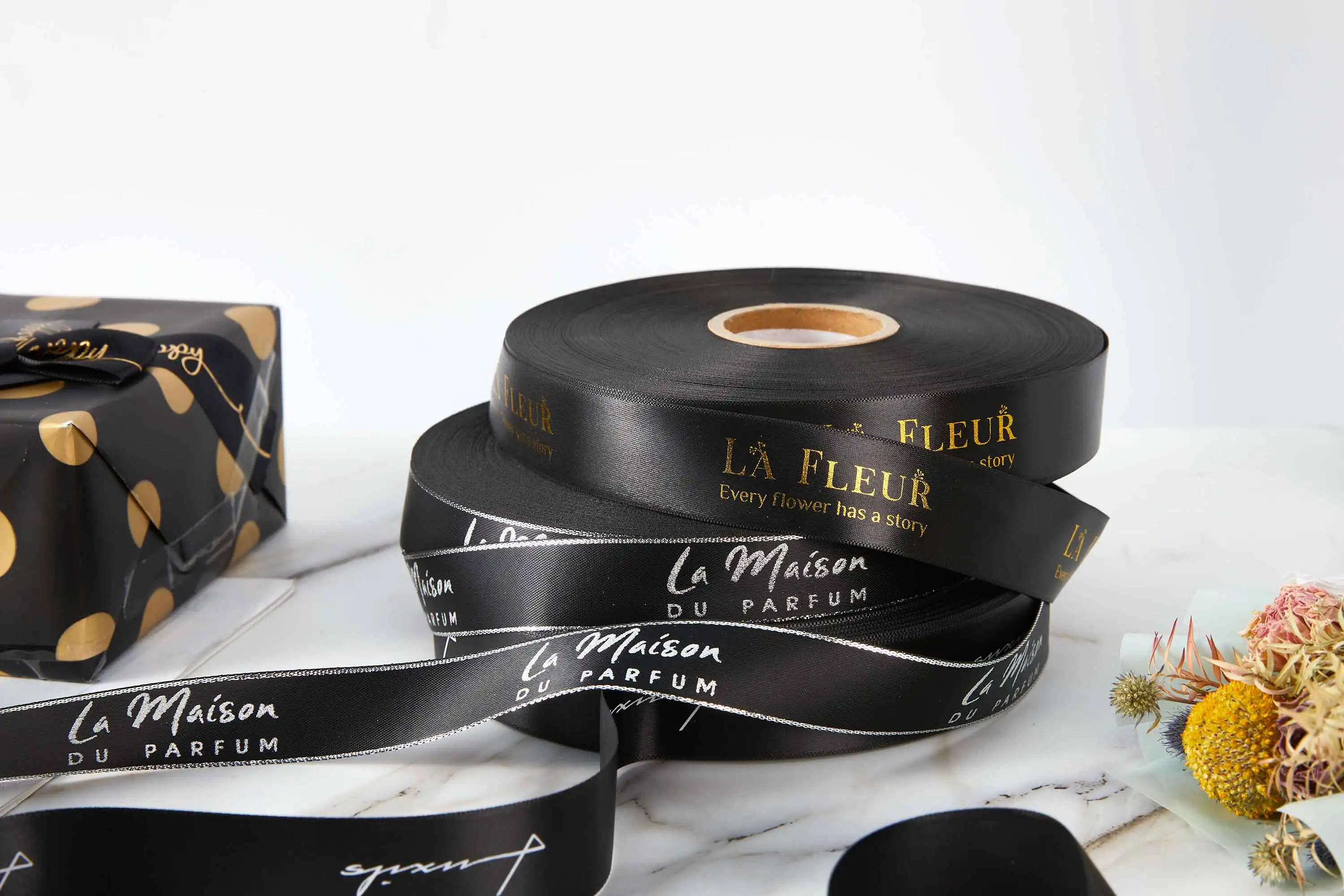 Custom Black Satin Printed Ribbon with Logo for Packing