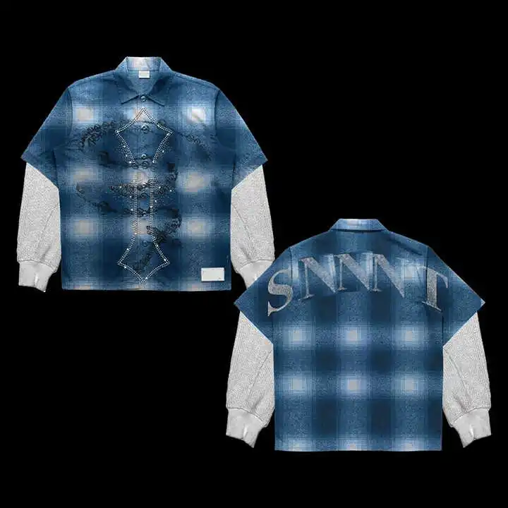Salati T-shirt Manufacturer Button up Rhinestone Plaid Flannel Sun Faded Acid Wash Boxy Double Layer Long Sleeve T-shirt for Men gallery 6
