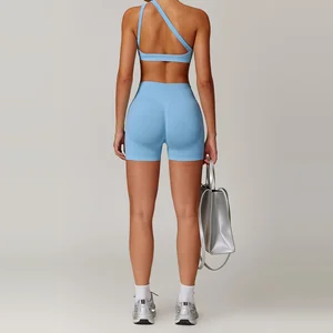 Cloud Soft Sky Blue Athletic Set Women Seamless Sports Bra and Biker Shorts Workout Training Outfit