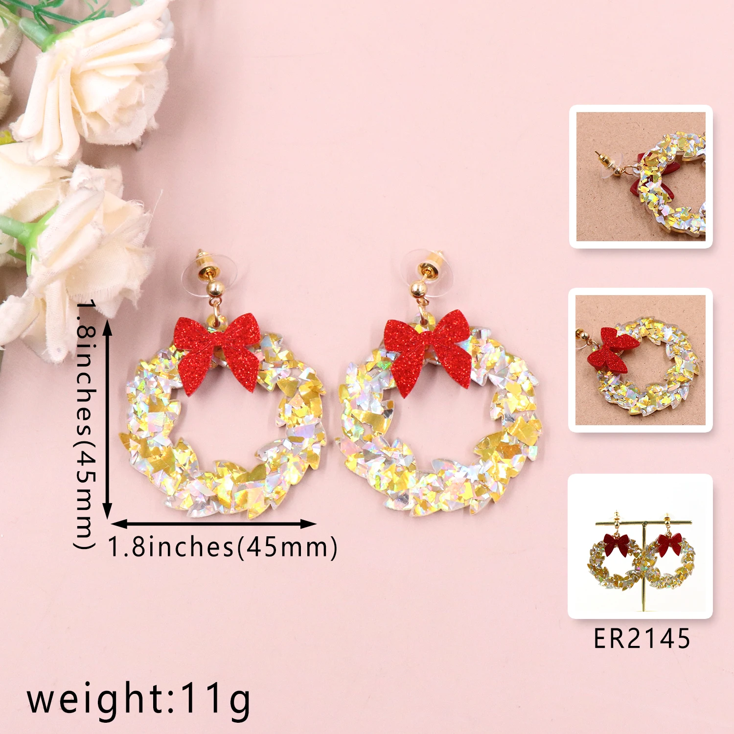 MD141ER2145 New Product Trendy Drop Wreath with Bow Christmas Acrylic Earrings Custom Plating ODM Supply Women Anniversary details