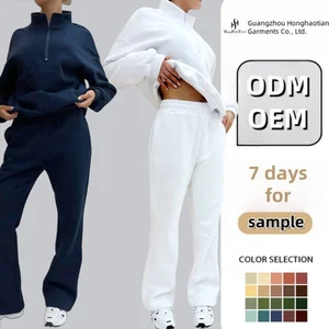 High Quality Custom Puff Print Sweatshirt Set Women's Fashion Soft Cotton Fleece Drop Shoulder Quarter Zip Tracksuit 2 Piece Set