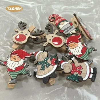 YACHEN 6PCS Wooden Clothes Pins Christmas Small Wooden Chip Lovely Christmas Bag Clips Clothes pin for Hanging Clothing Photos