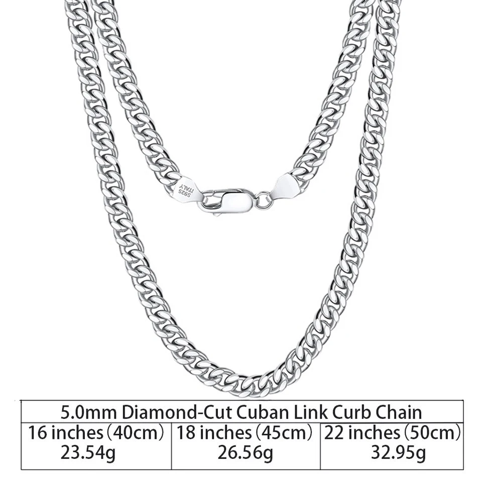 S925 Sterling Silver Cuban Link Chain Necklace For Mens,3.6 5 7mm
