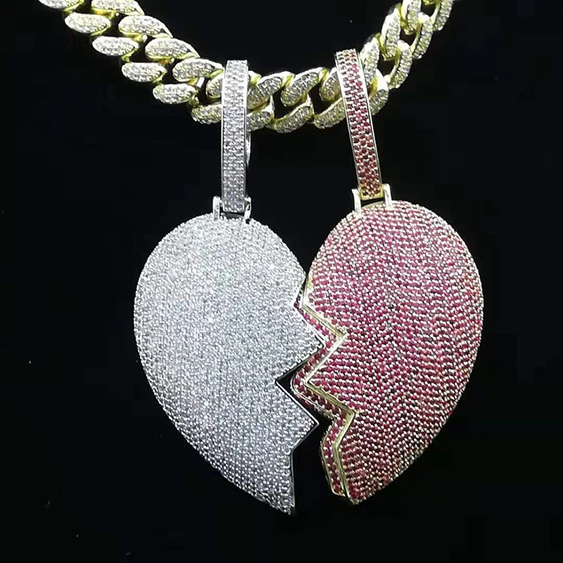 Luxury Big Size Personality Heartbreak Shape Pendant Necklace Iced