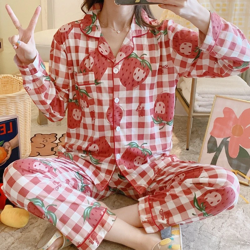 Factory-Designed Home Clothing Set for Spring Autumn New Breathable Cotton Cardigan Long Sleeve Pajamas Trousers Sweet Knitted