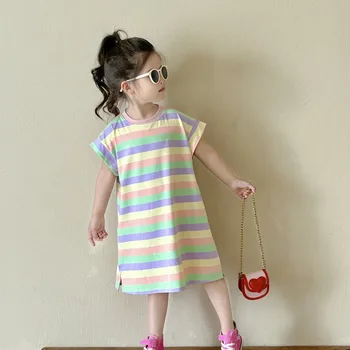 2024 Summer new girls color stripes dress children round-neck long-sleeved dress