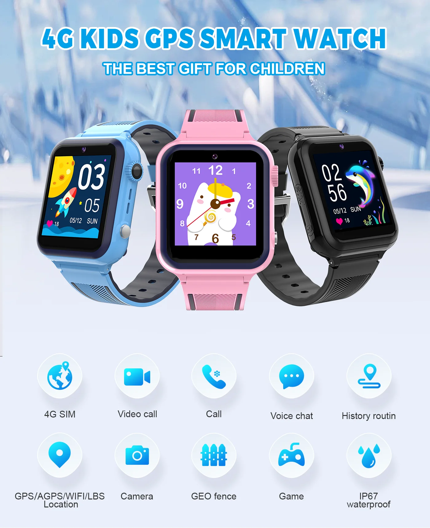 VALDUS 4G HD Video IP67 Waterproof Kid Smart Watches Long Term Battery Life Digital Time Watch A13