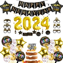 Nicro 2024 Happy Newyear Theme Celebration Style Various Confetti Foil Balloon Cupcake Topper Party Supplies Decoration Set