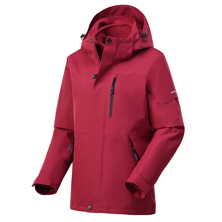 Three-in-one graphene wool-lined, waterproof, windproof, hooded, long unisex outdoor hiking jacket with built-in compass and zipper.