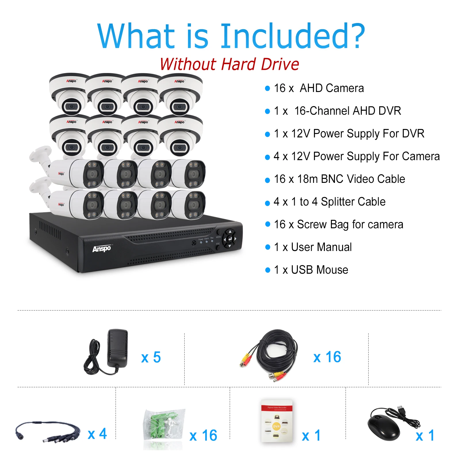16 Channel Ahd Cctv System Security Kit Package High Definition Surveillance System, 16 HD Security Cameras, HD