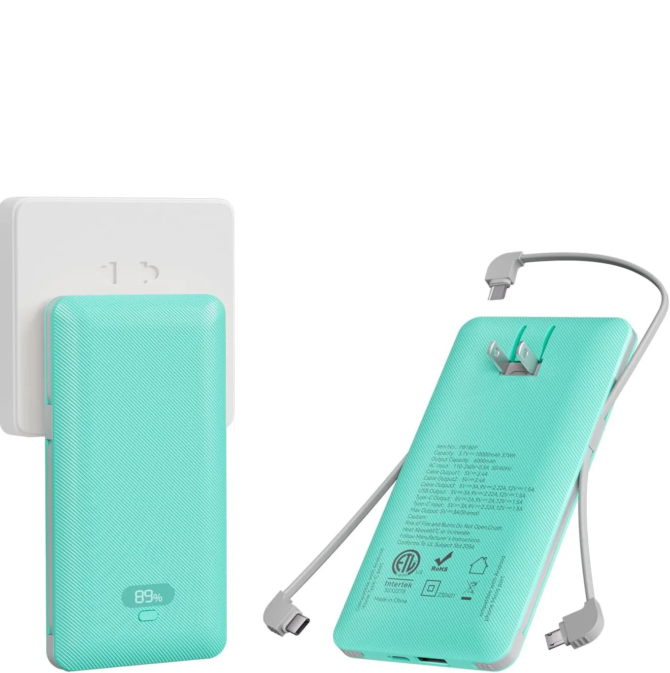 CCC Certified Power Bank 10000mAh Built-in 3 Cables, PD20W Multi-Port Portable Charger with AC Plug Digital Display PB180P