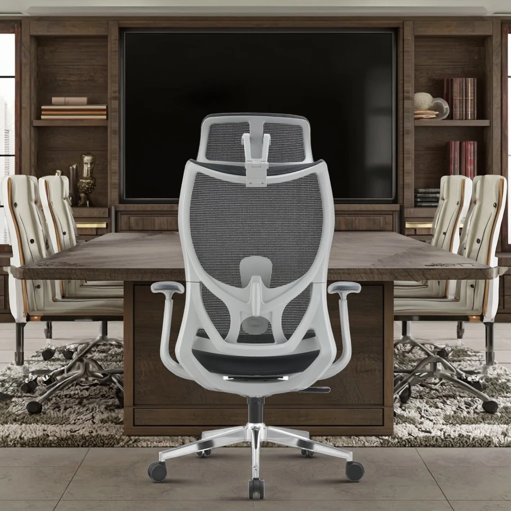 Conference Office Chair Dual Adjustable Lumber Support Multifunctional Headrest PU Fixed Armrests 3.0 Locking Mechanism 5
