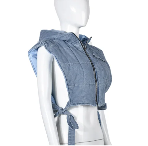 New Arrival Fashion Denim Clip Cotton Wash Hooded Sleeveless Cargo Short Vest Casual Woman Denim Vest