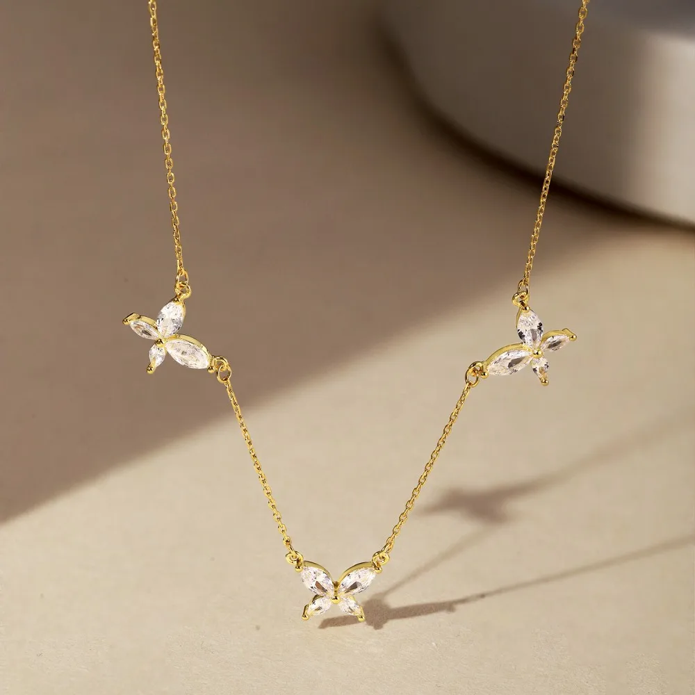 Wholesale Women Cz Cubic Zirconia 925 Silver Necklace 18K Gold Plated Ladies Jewelry Butterfly Pendant Necklaces for Girl Femme