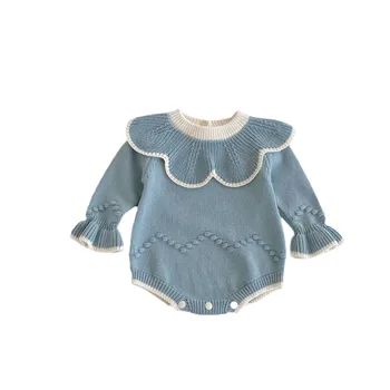 ins 2024 new autumn style baby jumpsuit girls handmade ball lotus leaf collar knitted sweater pullover woolen baby rompers