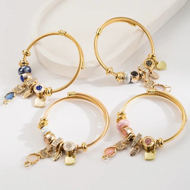High quality gold plated cat charm bracelet crystal opal heart pendant adjustable large hole beads DIY bangle bracelet for women