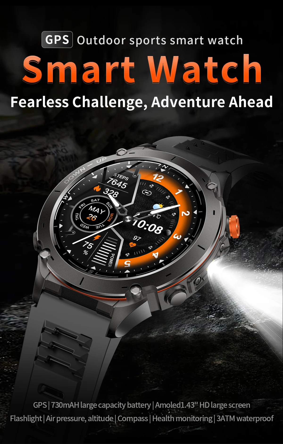 Welcome OEM Order, Factory Whole Selling Y101 Gps Outdoor Sports Smart Watch With Flashlight 1.43inch Screen 730mah Health Monitoring 3atm Waterproof Men Smartwatch - Buy 1.43 Inch Screen Smartwatch 730mah Health Monitoring Smartwatch 3atm Waterproof Smartwatch