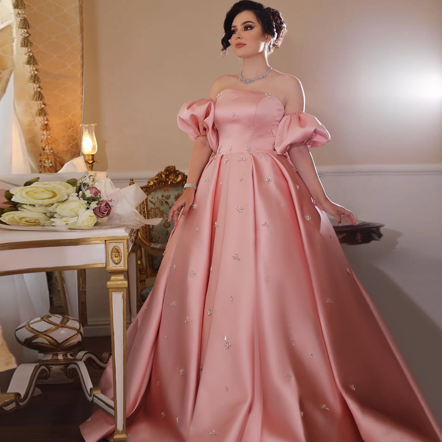 open lace back dress Light Pink Dress for Wedding main image 0