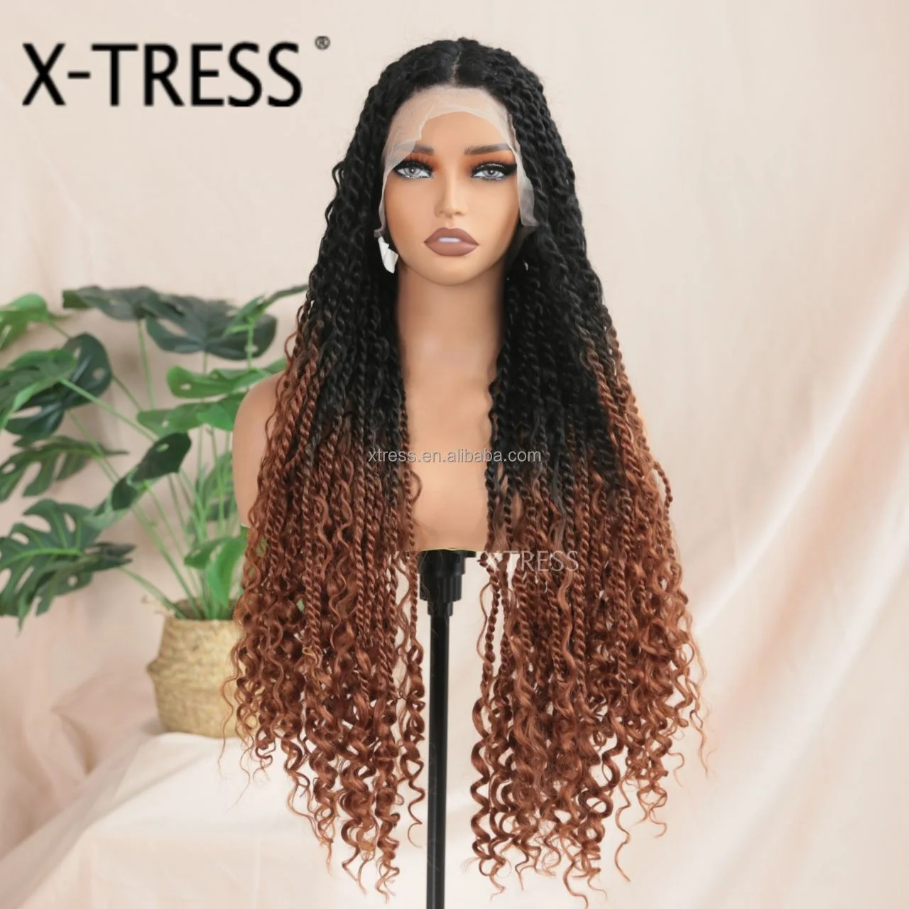  X-TRESS Synthetic Full Lace Wig Box Braid Twist River Locs Ombre Brown ...
