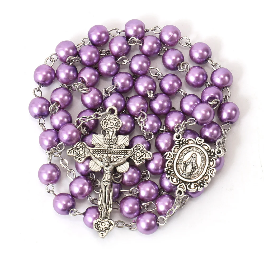 Purple Glass Pearl Rosary Necklace For Women - Virgin Mary Medal, Jesus Crucifix, 6mm Beads, Includes Rosary Pouch