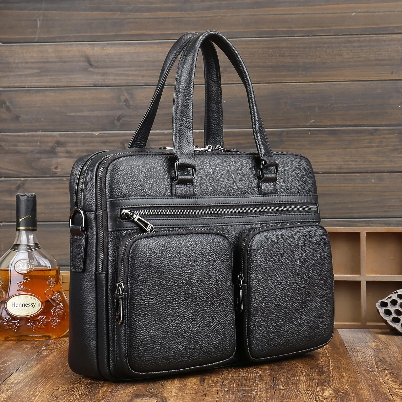 OEM ODM Office Business Style Black Real Cow Skin Cowhide Pebble Genuine Cow Leather Computer Laptop Briefcases