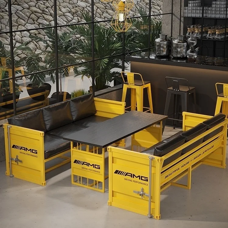 Industrial Style Table and Chair Combination Western Customized LOGO bar Shop Coffee Shop Iron Art Card Seat Sand