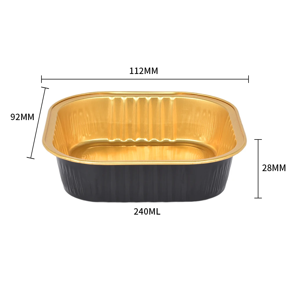 240ml 112mm Z240 4polegadas 8oz Copos Retangulares Pretos e Dourados Fornecedores de Formas de Alumínio Tamanho Cheio, Recipientes de Alumínio com Tampa para Alimentos
