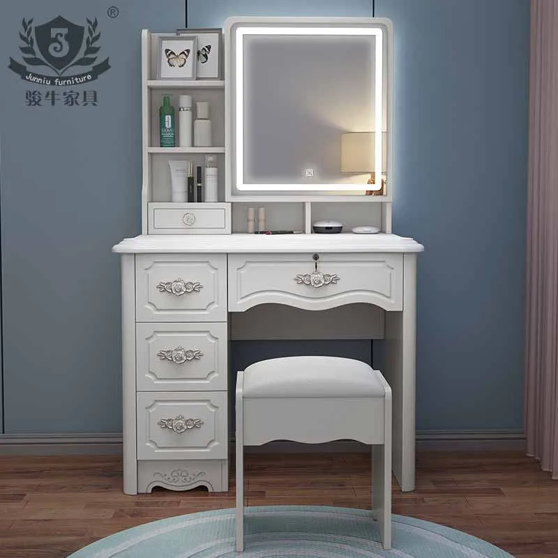 Hot Sale White color Corner hollywood vanity Women Bedroom Sets Multifunctional makeup table Dressers with mirror lock