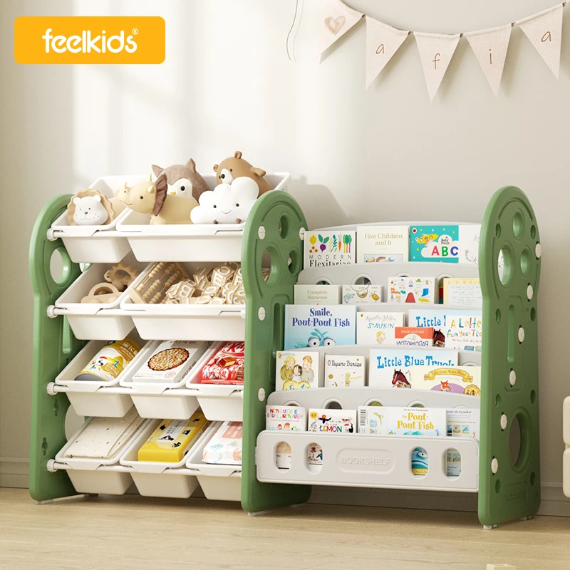 Feelkids Small Tree Bookshelf Storage Rack Modern Living Room Plastic Bookshelf and Toy Organizers with Cabinet for Home School